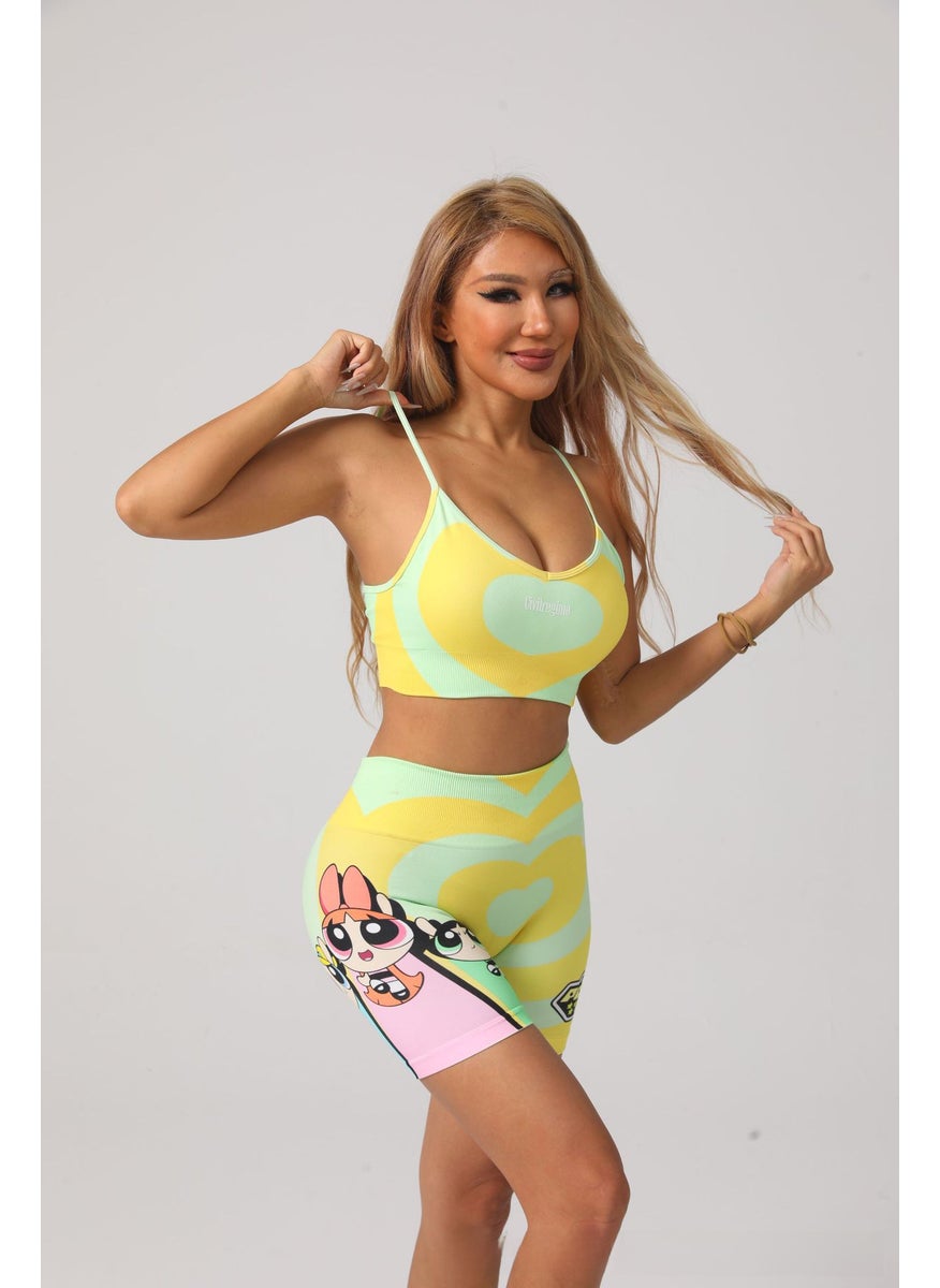 Generic - Seamless Peach Heart Yoga Shorts Set for Women Yellow Love Printed Little Policewoman - Image 1