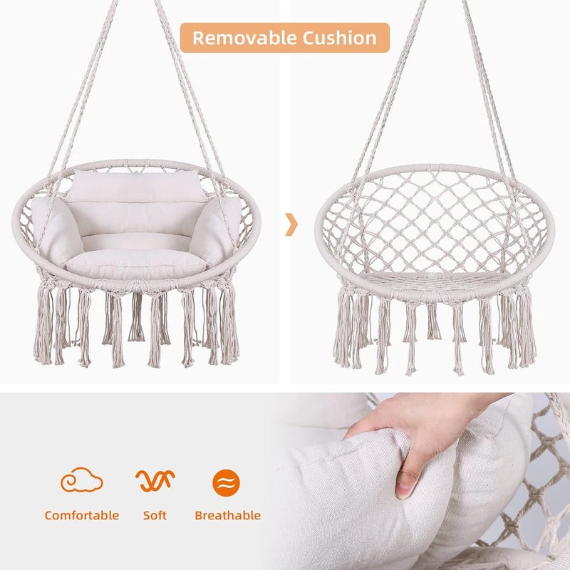 GOUTIME Hammock Chair, Macrame Hanging Swing Chairs with Cushion and Hardware Kit,Adult Boho Swings for Outside,Patio,Balcony,Bedroom (Beige) - Image 5