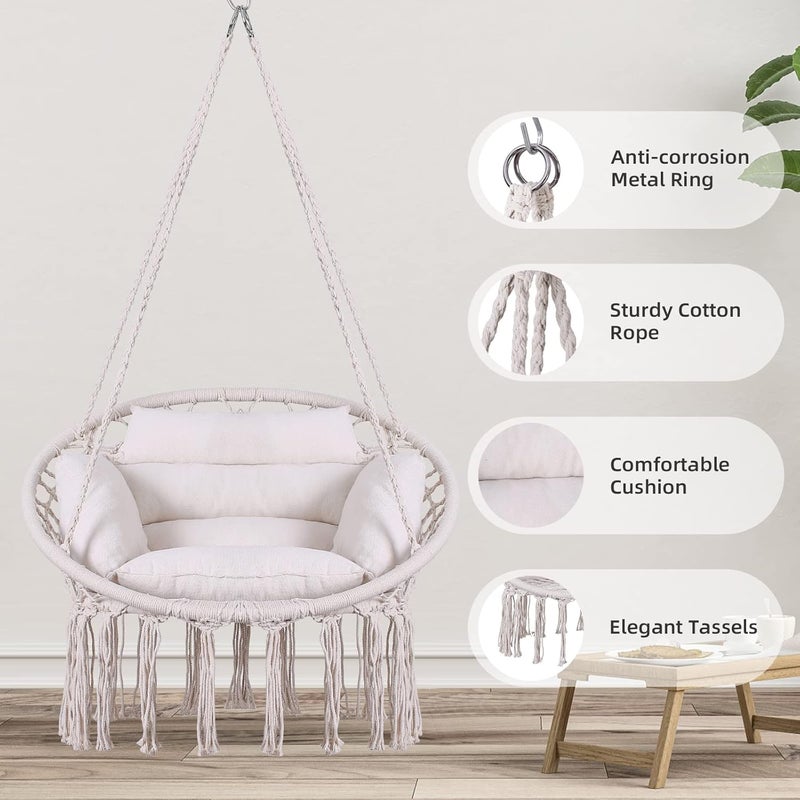 GOUTIME Hammock Chair, Macrame Hanging Swing Chairs with Cushion and Hardware Kit,Adult Boho Swings for Outside,Patio,Balcony,Bedroom (Beige) - Image 2
