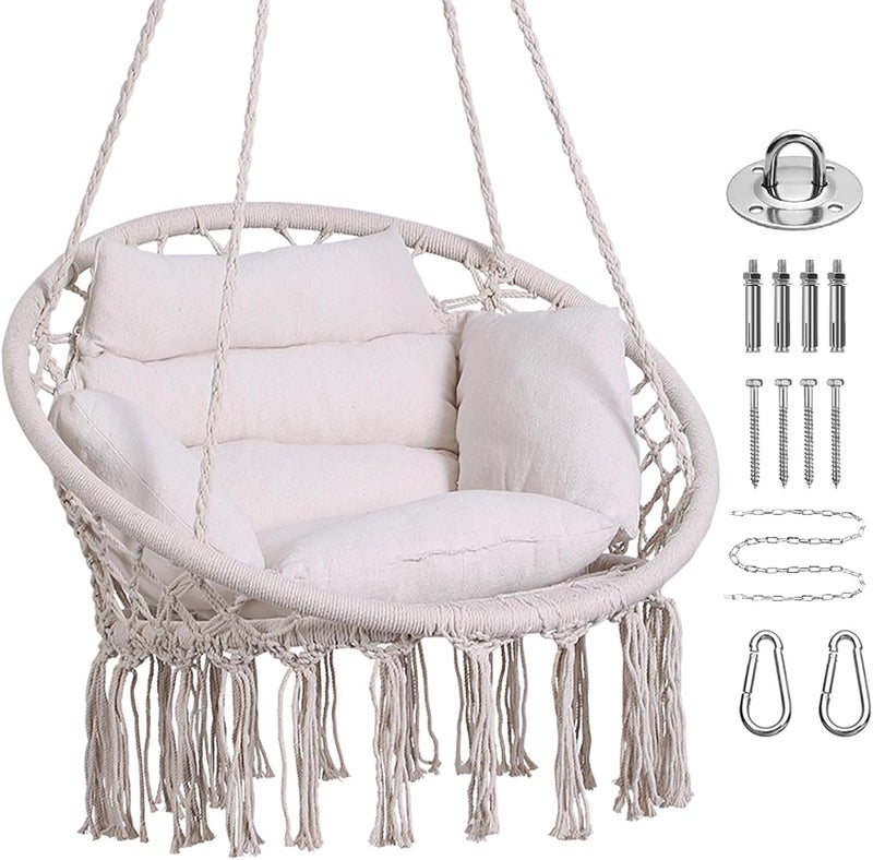 GOUTIME Hammock Chair, Macrame Hanging Swing Chairs with Cushion and Hardware Kit,Adult Boho Swings for Outside,Patio,Balcony,Bedroom (Beige) - Image 1