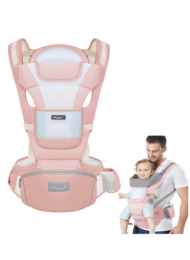 Baby Carrier with Hip Seat, Ergonomic M Position 6in1 Baby Carrier Newborn to Toddler,Head Support and Breathable Mesh Newborn Carrier,Adjustable Baby Holder Carrier for DadMom-Pink - Image 1