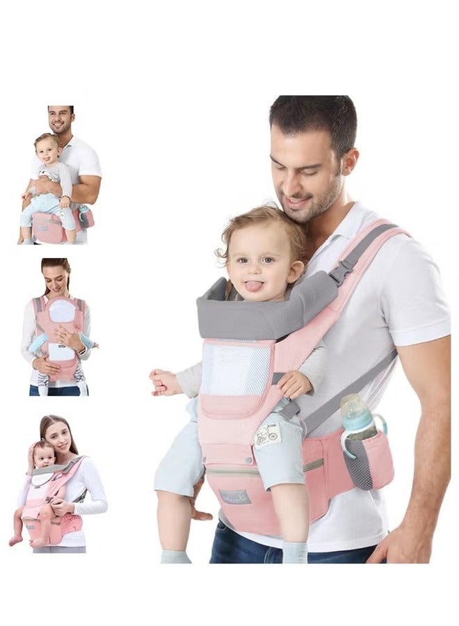 Baby Carrier with Hip Seat, Ergonomic M Position 6in1 Baby Carrier Newborn to Toddler,Head Support and Breathable Mesh Newborn Carrier,Adjustable Baby Holder Carrier for DadMom-Pink - Image 2