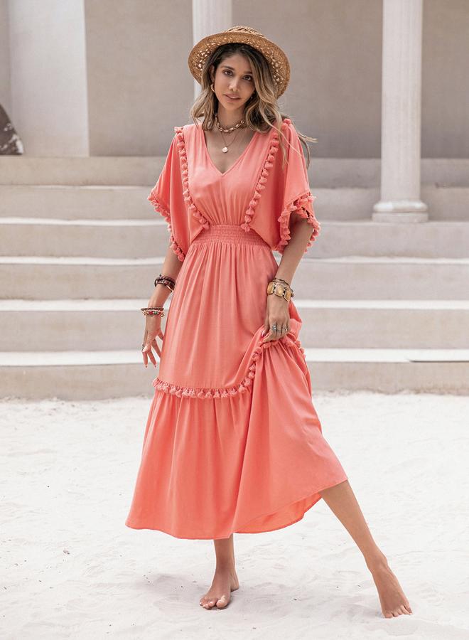 تايك تو فستان ميدي بياقة على شكل  وتفاصيل شراشيب - Image 1