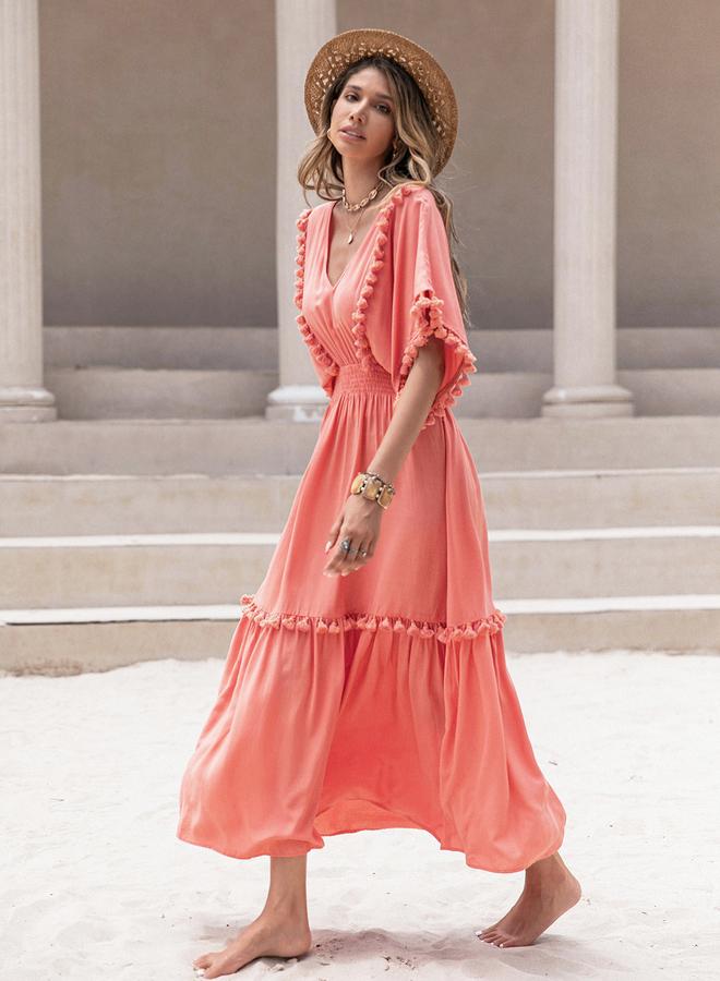 تايك تو فستان ميدي بياقة على شكل  وتفاصيل شراشيب - Image 3