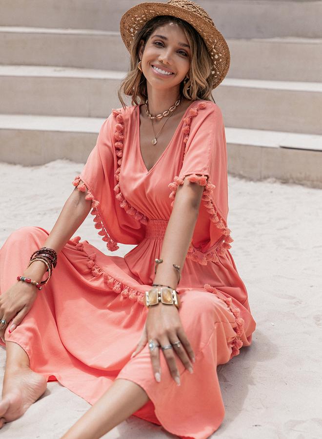 تايك تو فستان ميدي بياقة على شكل  وتفاصيل شراشيب - Image 4