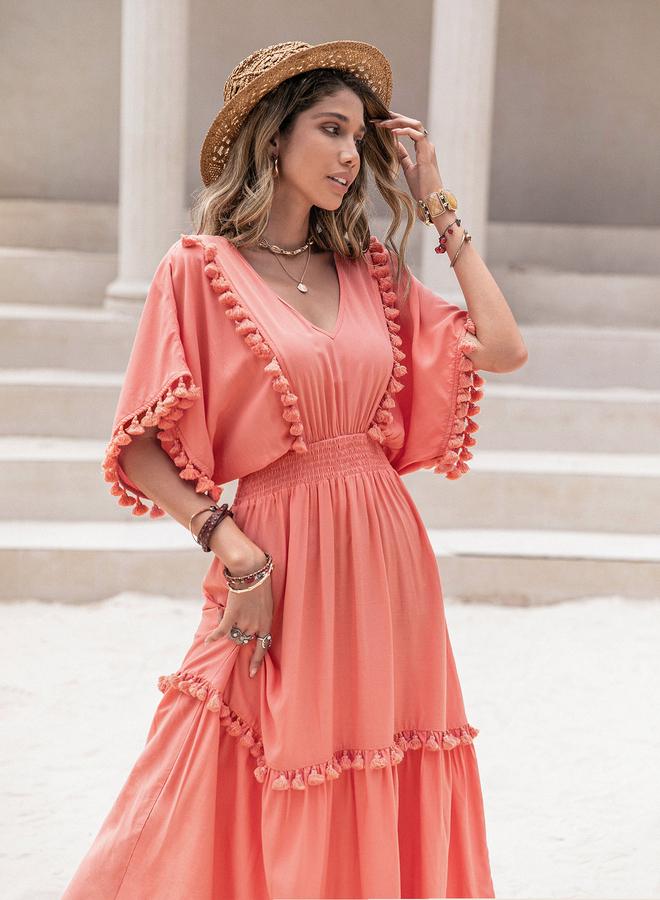 تايك تو فستان ميدي بياقة على شكل  وتفاصيل شراشيب - Image 5