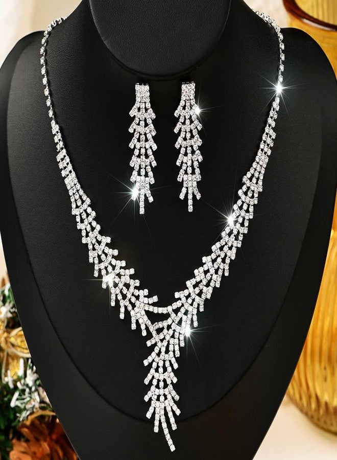 جورايس طقم مجوهرات زفاف فضي من GORAIS، يتضمن قلادة مرصعة بأحجار الراين، ومجوهرات تنكرية أنيقة للنساء والعرائس. - Image 2