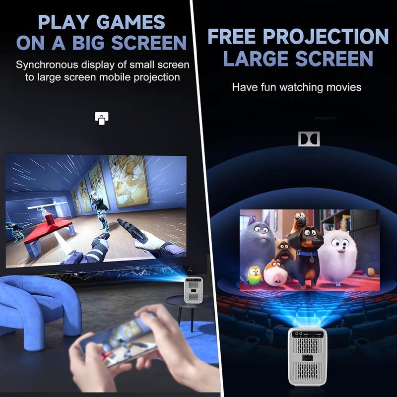 U20 Portable Video Projector, 200 ANSI Lumens, 2.4/5G WiFi/Bluetooth/HDMI/USB/Audio, Built-in Speaker, 4K Android Projector For Movie Music TV Game Casting with Stand (White) - Image 5