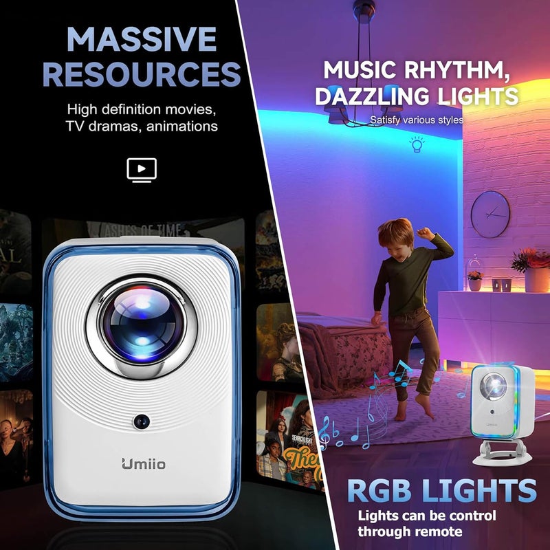 U20 Portable Video Projector, 200 ANSI Lumens, 2.4/5G WiFi/Bluetooth/HDMI/USB/Audio, Built-in Speaker, 4K Android Projector For Movie Music TV Game Casting with Stand (White) - Image 2