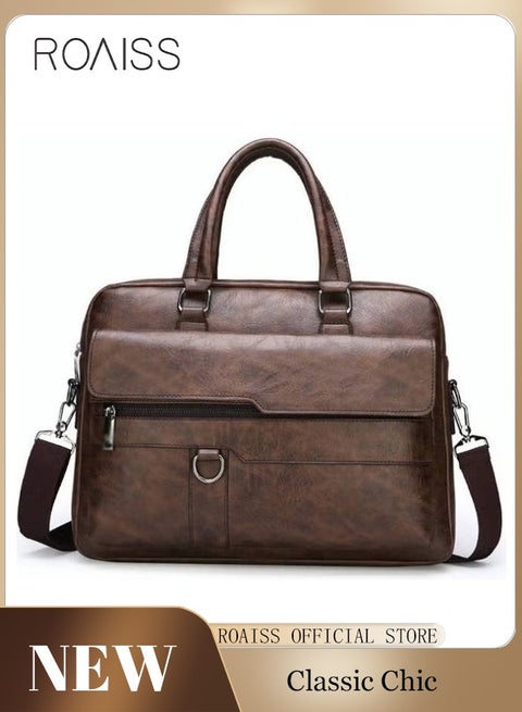 Men's Business Messenger Bag Briefcase PU Leather Retro Chic 14 Inch Laptop Handbag Casual Horizontal Rectangular Crossbody Shoulder Bag for Men Travel Work Office Dark Brown