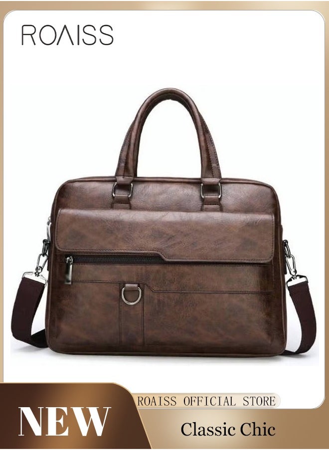 roaiss Men's Business Messenger Bag Briefcase PU Leather Retro Chic 14 Inch Laptop Handbag Casual Horizontal Rectangular Crossbody Shoulder Bag for Men Travel Work Office Dark Brown  - Image 1