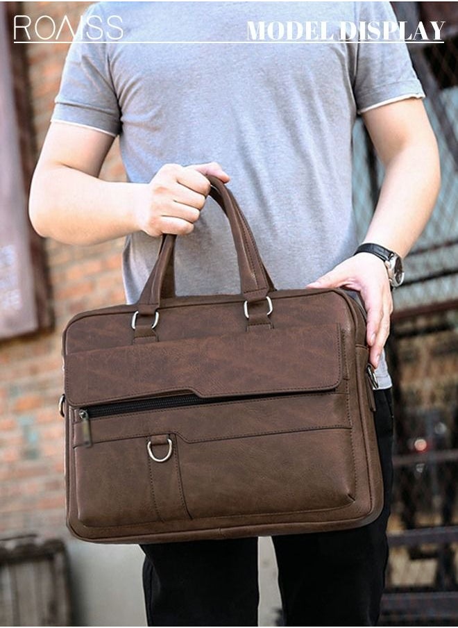 roaiss Men's Business Messenger Bag Briefcase PU Leather Retro Chic 14 Inch Laptop Handbag Casual Horizontal Rectangular Crossbody Shoulder Bag for Men Travel Work Office Dark Brown  - Image 2