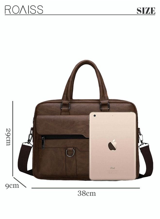 roaiss Men's Business Messenger Bag Briefcase PU Leather Retro Chic 14 Inch Laptop Handbag Casual Horizontal Rectangular Crossbody Shoulder Bag for Men Travel Work Office Dark Brown  - Image 4