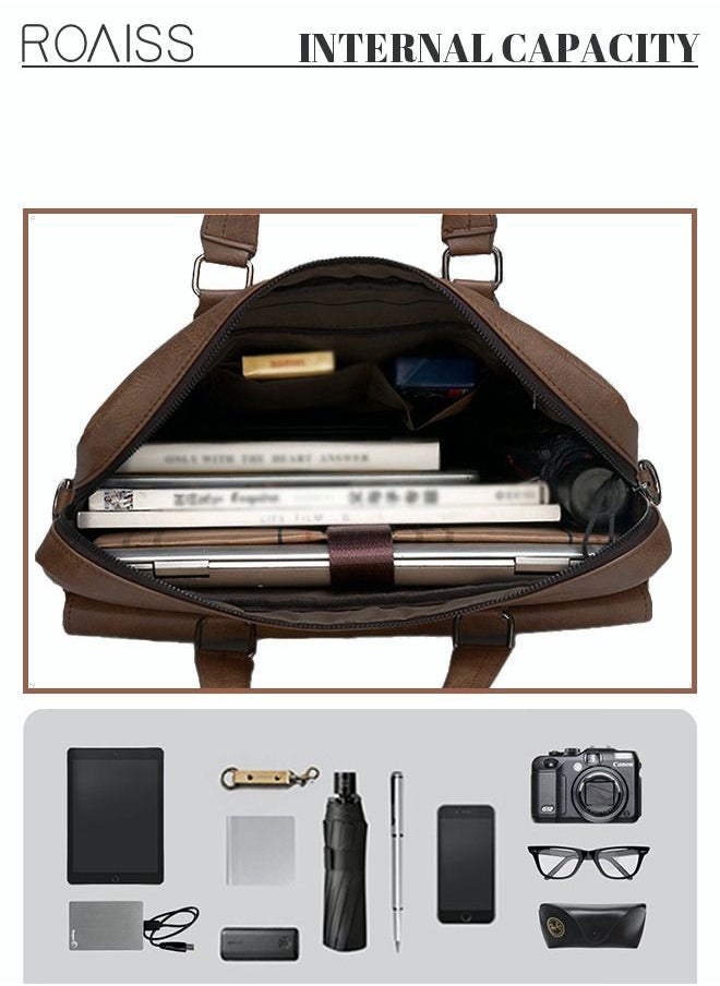 roaiss Men's Business Messenger Bag Briefcase PU Leather Retro Chic 14 Inch Laptop Handbag Casual Horizontal Rectangular Crossbody Shoulder Bag for Men Travel Work Office Dark Brown  - Image 3