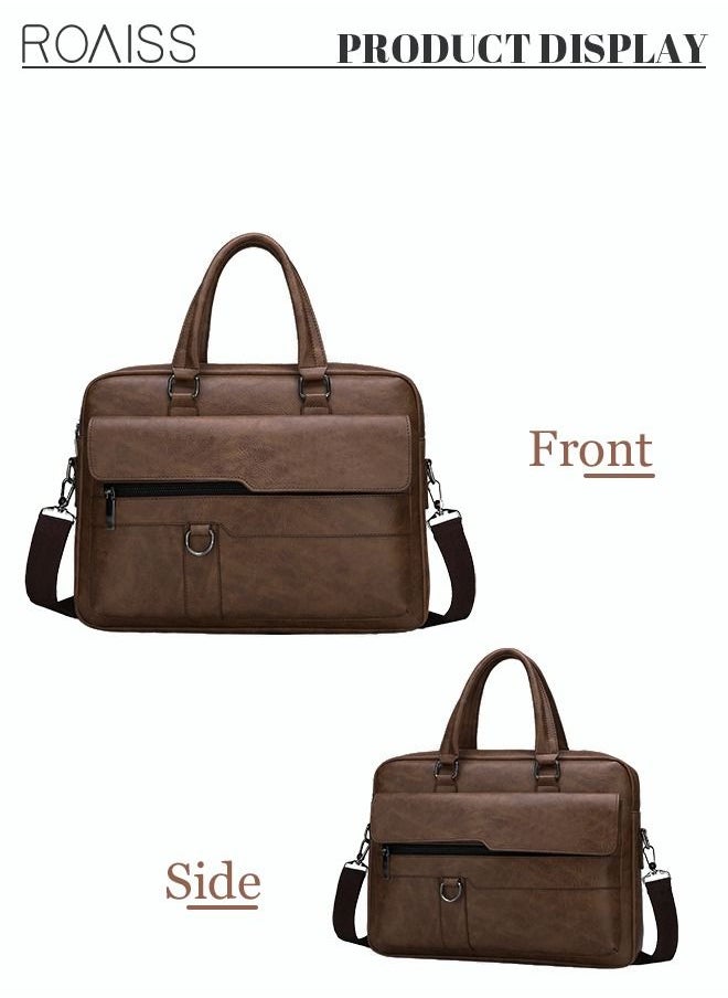 roaiss Men's Business Messenger Bag Briefcase PU Leather Retro Chic 14 Inch Laptop Handbag Casual Horizontal Rectangular Crossbody Shoulder Bag for Men Travel Work Office Dark Brown  - Image 5