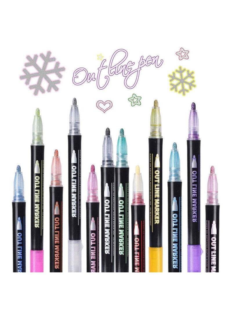 KASTWAVE Doodle Markers 12 Colors Outline Metallic Markers Double Line Pens Paint Permanent Marker Pens for Art Drawing Thank You Cards Greeting Cards Rock Painting Hand Account Greeting Card Doodle Pen  - Image 1