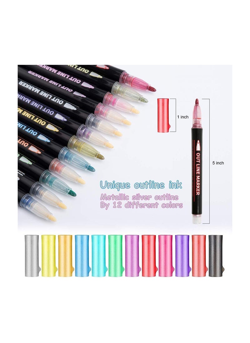 KASTWAVE Doodle Markers 12 Colors Outline Metallic Markers Double Line Pens Paint Permanent Marker Pens for Art Drawing Thank You Cards Greeting Cards Rock Painting Hand Account Greeting Card Doodle Pen  - Image 2