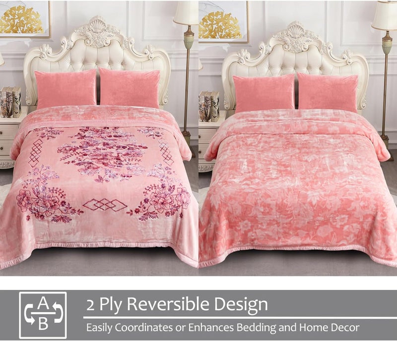 JML Korean Style Mink Blanket Heavy King Size 87" x 94", 10.5 Pounds Plush Fleece Blankets for Winter- Silky Soft and Warm, 2 Ply A&B Printed Embossed Raschel Bed Blanket (Flowers Branches Pink) - Image 3