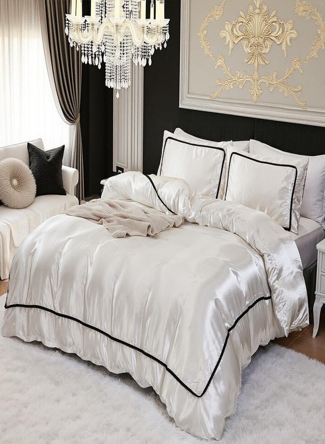 Herside White Satin Comforter Set 7 Pieces Queen Size Bed in a Bag Luxurious Satin Bedding Set with Comforter Pillowcases and Sheets Sets Mini Pompoms Design Super Soft Silky Bed Set for All Seasons - Image 2
