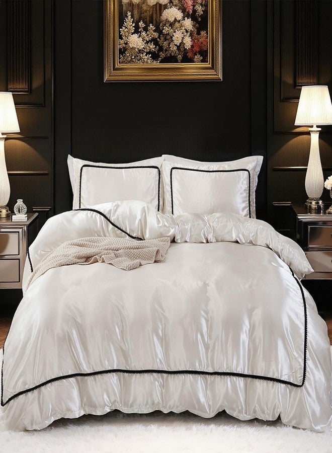 Herside White Satin Comforter Set 7 Pieces Queen Size Bed in a Bag Luxurious Satin Bedding Set with Comforter Pillowcases and Sheets Sets Mini Pompoms Design Super Soft Silky Bed Set for All Seasons - Image 1