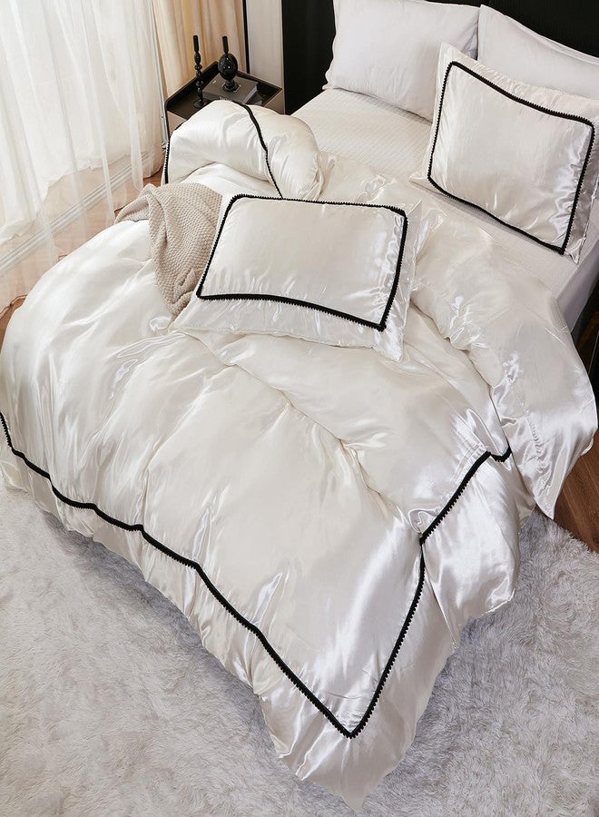 Herside White Satin Comforter Set 7 Pieces Queen Size Bed in a Bag Luxurious Satin Bedding Set with Comforter Pillowcases and Sheets Sets Mini Pompoms Design Super Soft Silky Bed Set for All Seasons - Image 4