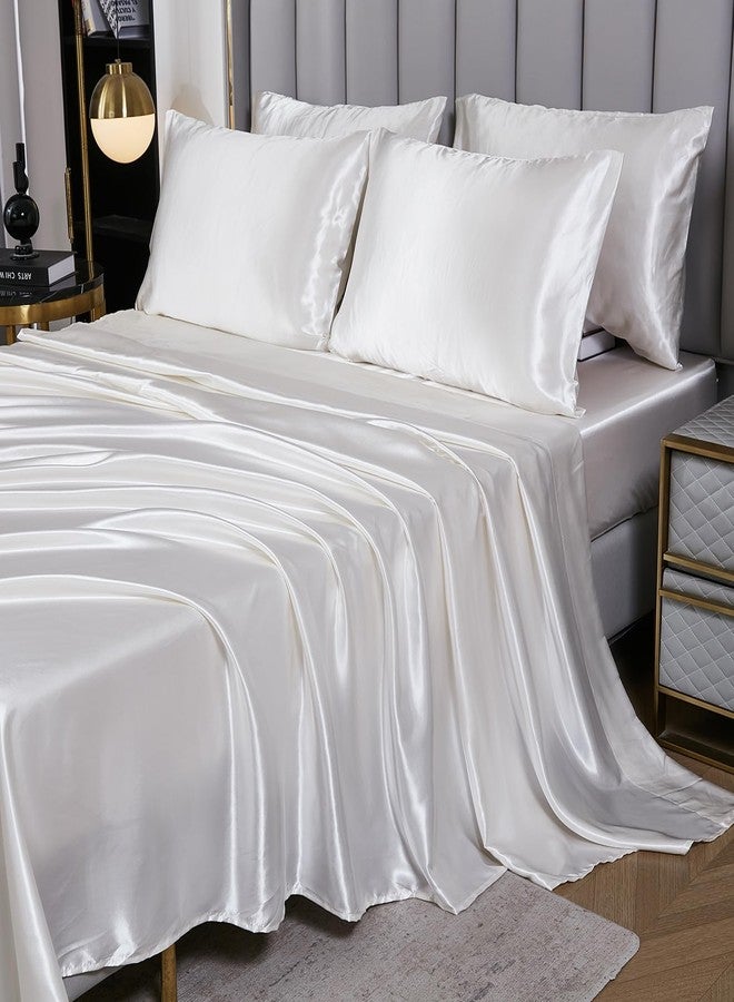 Herside White Satin Comforter Set 7 Pieces Queen Size Bed in a Bag Luxurious Satin Bedding Set with Comforter Pillowcases and Sheets Sets Mini Pompoms Design Super Soft Silky Bed Set for All Seasons - Image 5