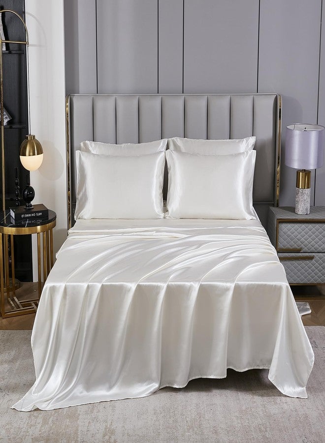 Herside White Satin Comforter Set 7 Pieces Queen Size Bed in a Bag Luxurious Satin Bedding Set with Comforter Pillowcases and Sheets Sets Mini Pompoms Design Super Soft Silky Bed Set for All Seasons - Image 3