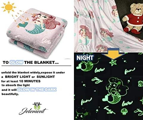 BLiSS HUES Glow in The Dark Blanket Gifts for Toddler Kids Teen Girls| 80 x 70 inch/ 200cm x 180cm |Bedroom Décor, Lightweight Throw Blankets|Soft Cozy Fluffy Luminous Throw Blanket - Pink Mermaid - Image 2