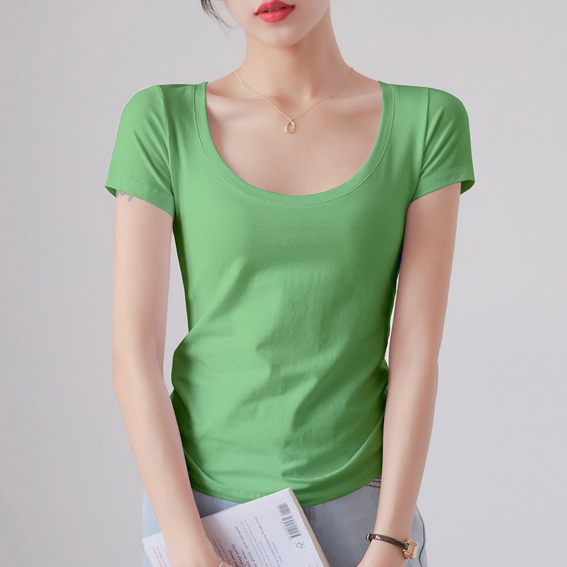 White Short-sleeved T-shirt Womens Summer Solid Color Slim-fit Small Round Neck Womens Korean Base Half-sleeved Top Refreshing T-shirt for Women Apple Green