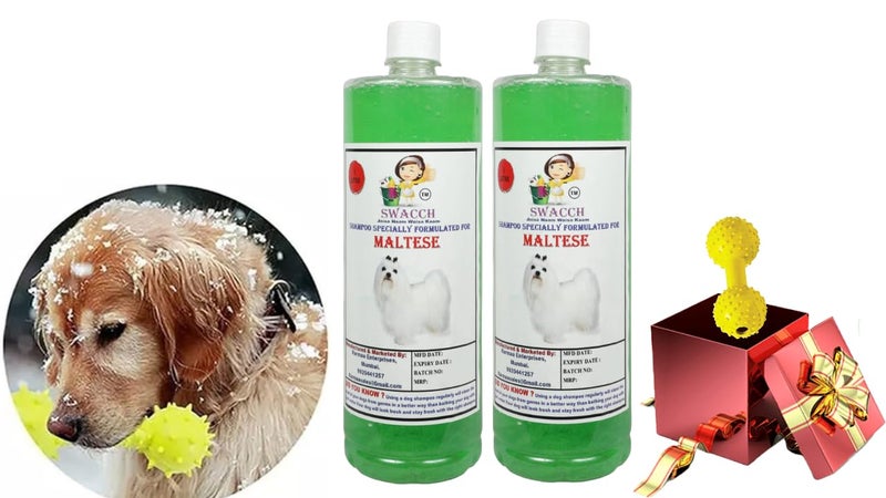 swacch Maltese Dog Shampoo + Dumbbell Toy I Durable Rubber Dog Toy for Chewing I Playing,Teeth Cleaning & Training Toy I Combo Pack I 1 Litre Pack of 2 Neem Alovera - Image 1