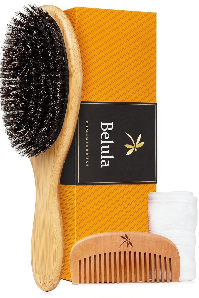 Belula 100 Boar Bristle Hair Brush Set Medium Soft Natural Bristles for Thin and Fine Hair Restore Shine And Texture Wooden Comb Travel Bag and Spa Headband Included