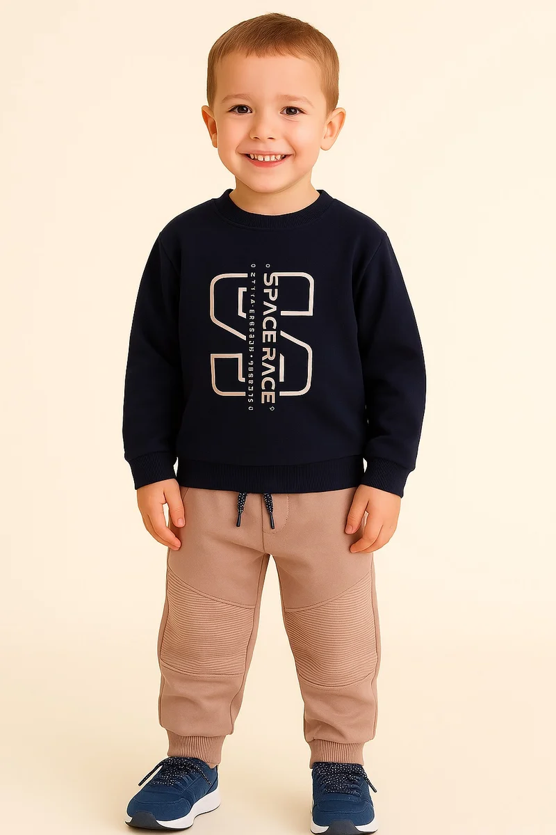 Dirkje Boys Space Race Fleece Tracksuit – Navy & Sand 2-Piece Set