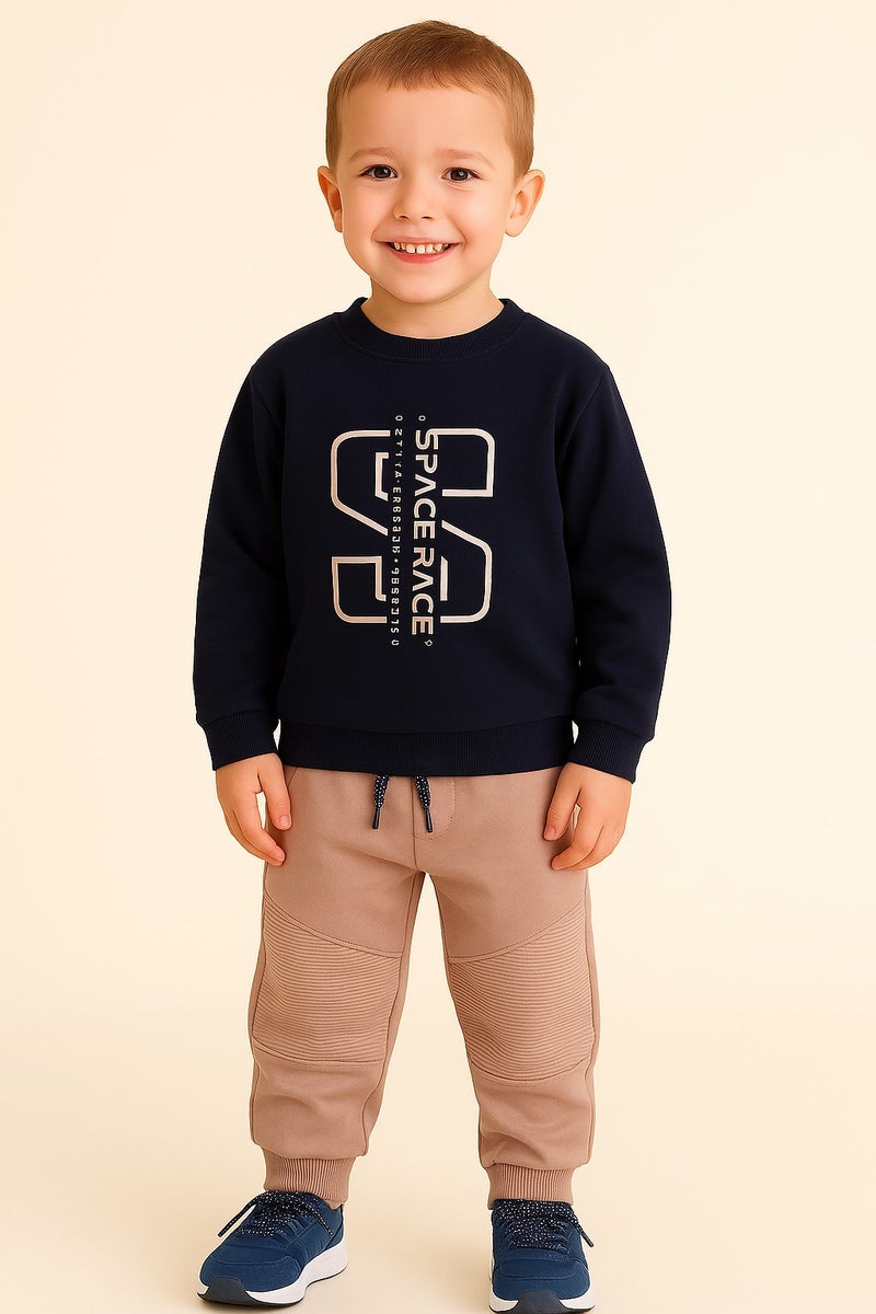 Dirkje Boys Space Race Fleece Tracksuit – Navy & Sand 2-Piece Set - Image 1