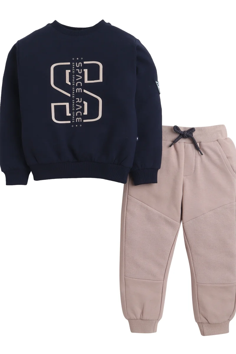 Dirkje Boys Space Race Fleece Tracksuit – Navy & Sand 2-Piece Set