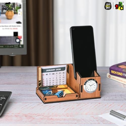 Gift Kya De GKD Desk Organizer with Clock & Calendar office Table Accessories 2026 Calendar for office Desk, Pen Stand With Clock/Corporate Gift/Eco-Friendly- Dark Wood - Image 2