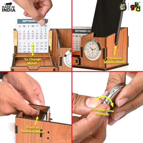 Gift Kya De GKD Desk Organizer with Clock & Calendar office Table Accessories 2026 Calendar for office Desk, Pen Stand With Clock/Corporate Gift/Eco-Friendly- Dark Wood - Image 5