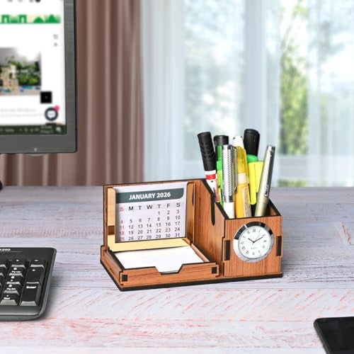 Gift Kya De GKD Desk Organizer with Clock & Calendar office Table Accessories 2026 Calendar for office Desk, Pen Stand With Clock/Corporate Gift/Eco-Friendly- Dark Wood - Image 1