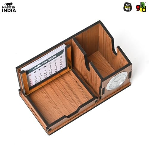 Gift Kya De GKD Desk Organizer with Clock & Calendar office Table Accessories 2026 Calendar for office Desk, Pen Stand With Clock/Corporate Gift/Eco-Friendly- Dark Wood - Image 4