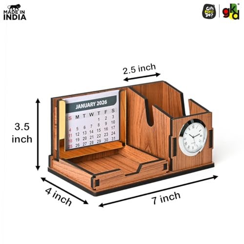 Gift Kya De GKD Desk Organizer with Clock & Calendar office Table Accessories 2026 Calendar for office Desk, Pen Stand With Clock/Corporate Gift/Eco-Friendly- Dark Wood - Image 3