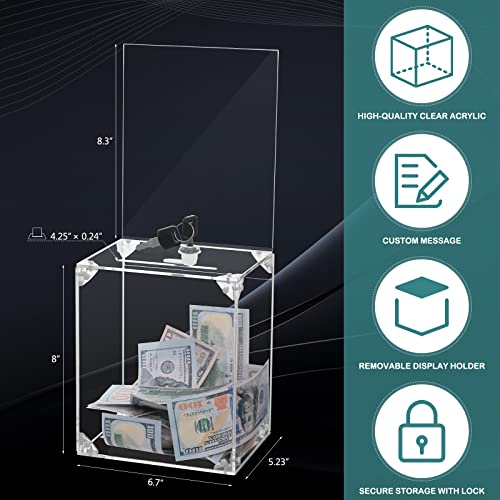 KYODOLED Large Tall Acrylic Donation Box with Slot and Lock, Clear Ballot Box with 6"x8" Sign Holder Storage Container for Voting, Raffle,Tip Jar, 6.7"x5.23"x8" - Image 2