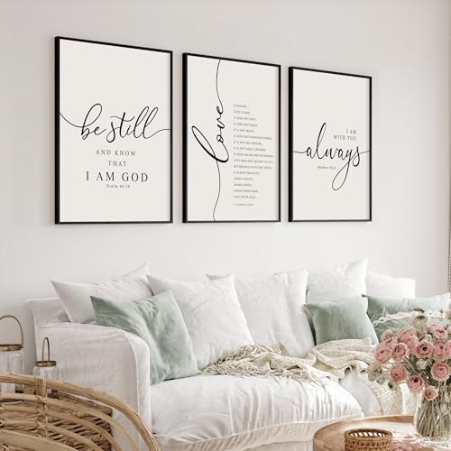 Heiple Framed Be Still and Know that I am God Sign Love is Patient Love is Kind Wall Art Set of 3 with Wooden Frame for Home Bedroom Decor Bible Verse Scripture Art Christian Religious Wall Decor Black 11x14 - Image 1