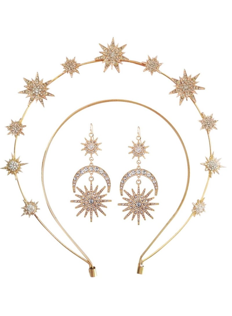 SYOSI Moon Stars Crown Halo Headband Crystal Tiaras and Crowns With Earrings for Women Bridal Wedding Prom Birthday Cosplay Hair Accessories for Women Girls - Image 1