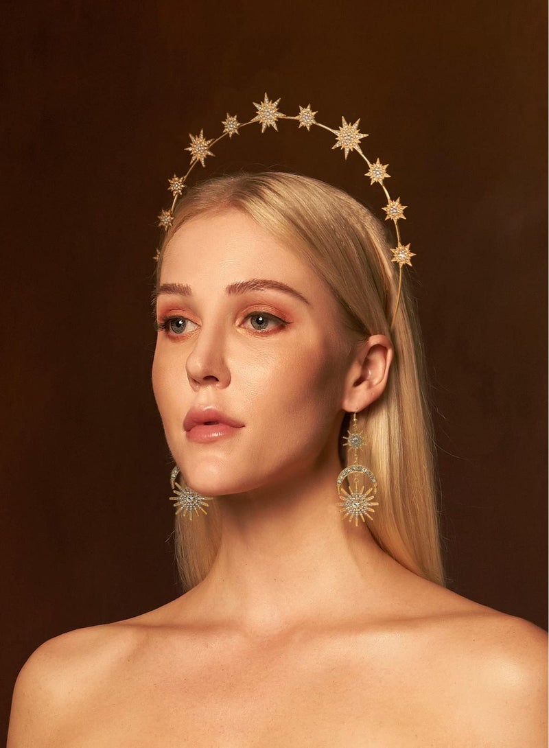 SYOSI Moon Stars Crown Halo Headband Crystal Tiaras and Crowns With Earrings for Women Bridal Wedding Prom Birthday Cosplay Hair Accessories for Women Girls - Image 3