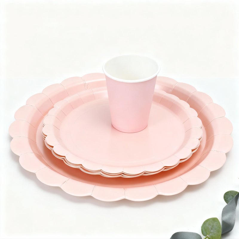 10 7 Inch 9 Inch and Paper Cups Pink Disposable Party Tableware Set With Petal Design For Birthdays Picnics And Family Gatherings - Image 1