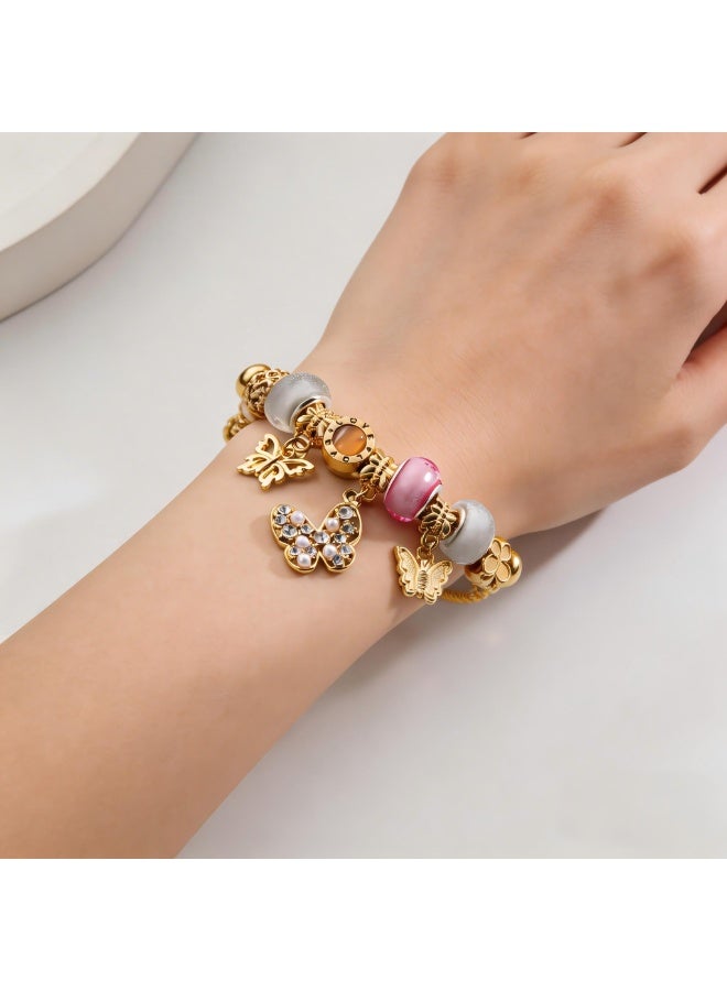 Stainless steel gold-plated bracelets, suitable for girls and women, with butterfly and pearl decorations   Best Gifts for Love with Valentine's Day Birthday - Image 3