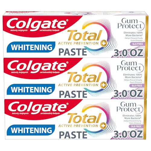 Colgate Total Active Prevention Gum Protect Whitening Toothpaste 3 Pack SLS Free Gingivitis Toothpaste for Bleeding Gums Redness Inflammation Irritation and Sensitivity 30 oz