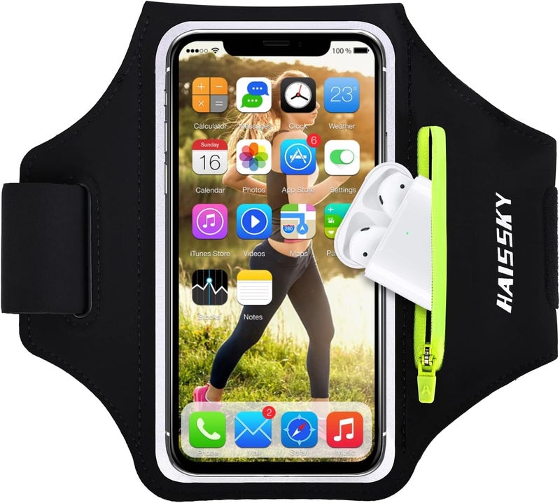 HAISSKY Cell Phone Running Armband with Zipper Pocket Armband Case Running Holder for iPhone 16 Pro Max/15/14 Pro Max/13/12 /11 Pro Max/XS/XR,Galaxy S20 S10,Sweatproof Arm Band with Card/Key Bag - Image 1