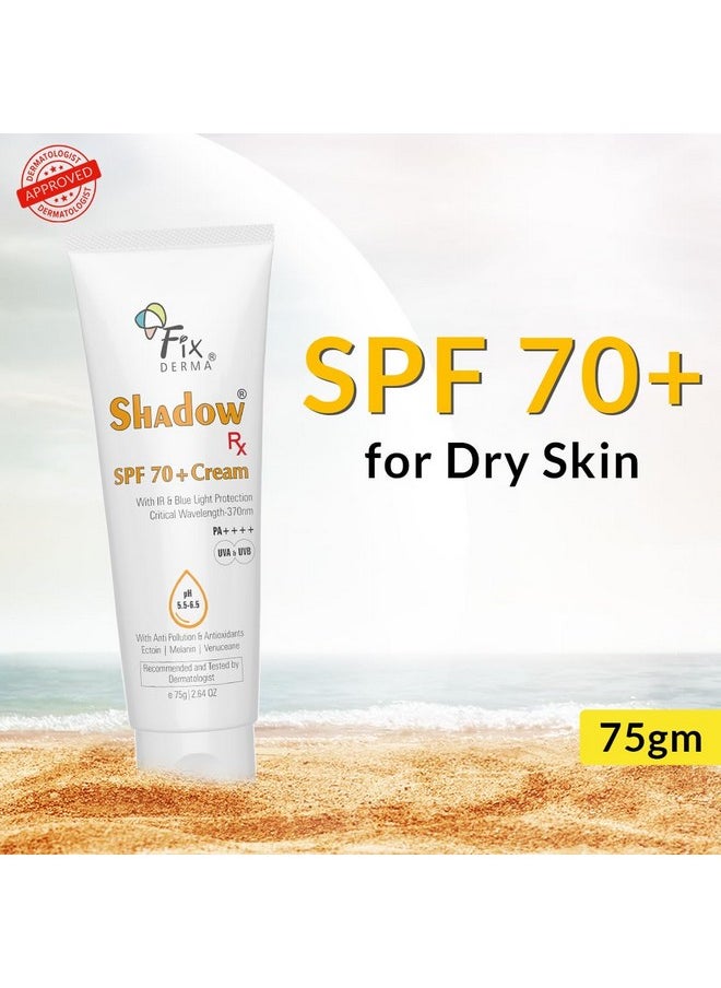 FIXDERMA Shadow Rx Sunscreen Spf 70+ Cream Pa++++ Sunscreen For Dry Skin Sunblock Spf 70 Hybrid Sunscreen With Uva & Uvb Filters Antioxidants Ir Protection And Blue Light Protection 75Gm  - Image 2