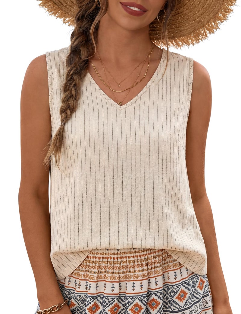LOMON Womens Tank Tops Linen Crop Tank Tops for Women 2026 Cute Cropped Sleeveless Spring Summer Beach Vacation Vest Clothes (Apricot Stripe, M) - Image 1
