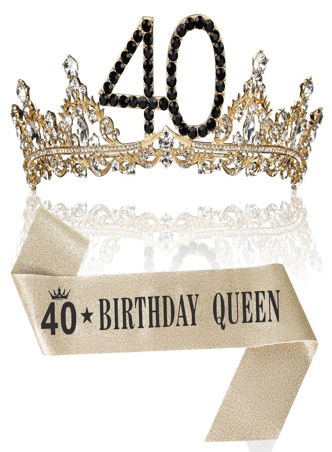 Uiorgui 40th Birthday Crown and Sash for Women, 40 Tiara Headband, Black Gold 40th Birthday Decorations Gifts Favors for Female Friends Sister Daughter Wife Mom - Image 1